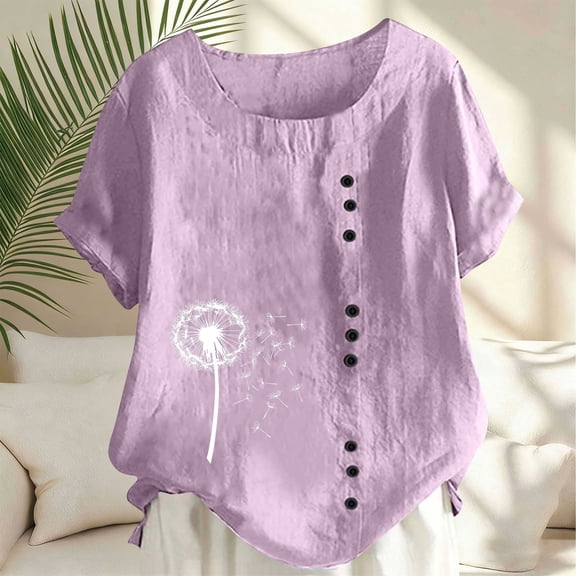Vmvidoty Linen Tops for Women 3/4 Sleeve Crew Neck Cotton Shirts Casual Jacquard Boho Blouse Purple M
