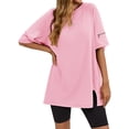 thumbnail image 2 of Solid Raglan Sleeve Women Crewneck Loose T-shirt Split Sport Oversize Tee Tops, 2 of 6