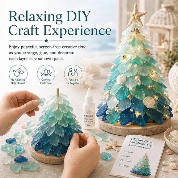 Sea Glass Christmas Tree DIY Kit, 3D Coastal Tabletop Craft with Sea Glass Pieces, Shells & LED Lights, Glowing Handmade Holiday Home Decor & Gift