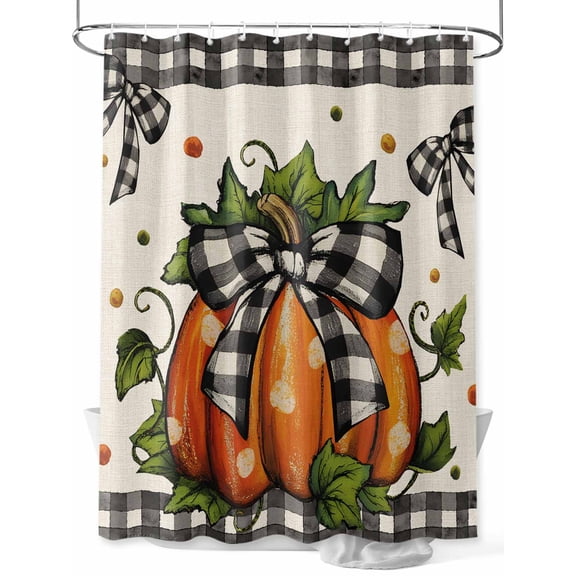 Fsddascl Fall Shower Curtain Set - Small 36" x 72" Washable Bathtub Curtain with 12 Hooks, Orange Pumpkins Bow Thanksgiving Autumn Leaf Dot Plaid Waterproof Fabric Stall Shower Curtains for Bathroom