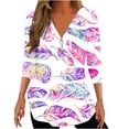thumbnail image 1 of Penkiiy Hauts à Imprimé Plume pour Femmes Manches 3/4 Roulées Chemises Col en V Blouses Tunique Haut 2TG Multicolore, 1 of 5