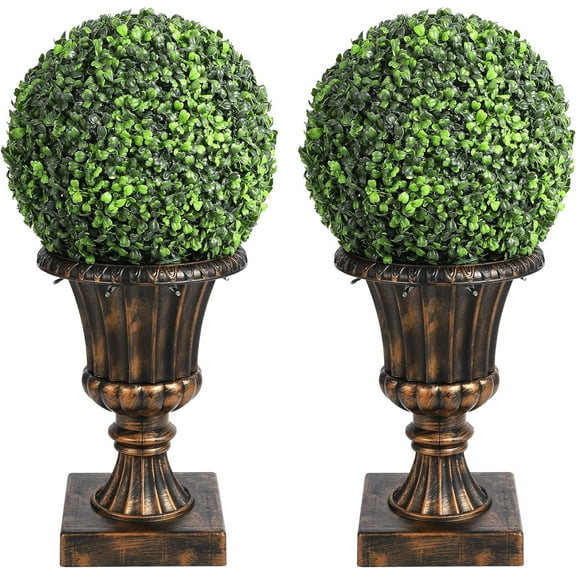 CABIHOME 2 PCS 12” Artificial  Topiary Ball with Pot, Faux Boxwood Balls with LED, Topiary Balls Artificial Outdoor Set of 2 for Backyard, Balcony, Garden, Wedding, and Home Décor