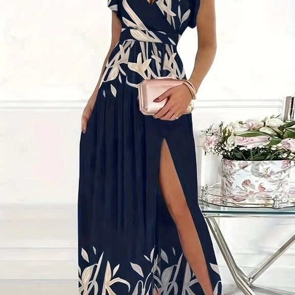 Women's Floral Print V-Neck Boho Split Short Sleeve Dress - Lightweight Flowy Summer Dress for Spring & Summer Casual Occasions