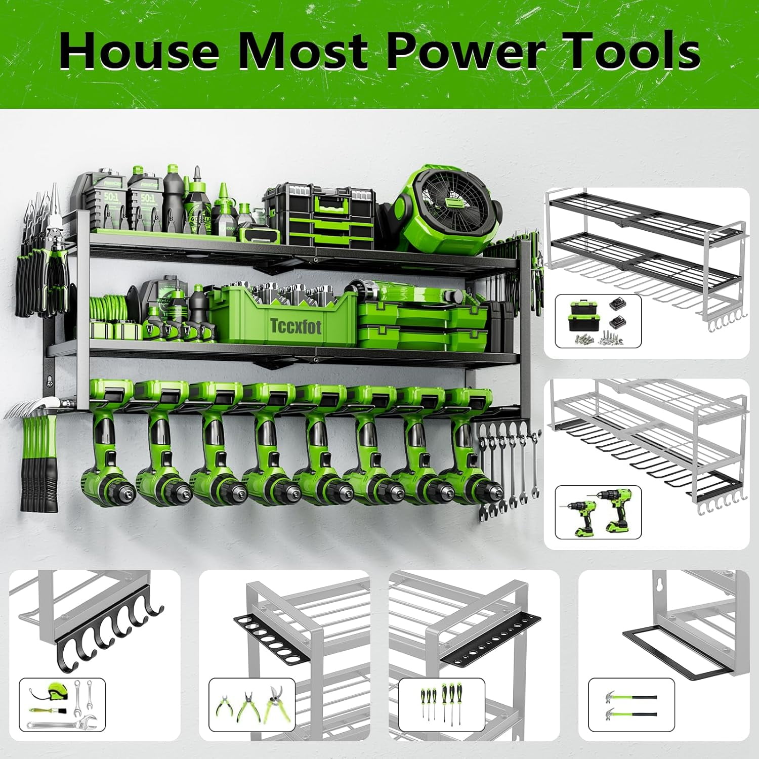 3 Layer Wall Mount Tool Organizer with 8 Drill Slots, Heavy Duty Garage Storage Rack for Tools, Gifts for Men