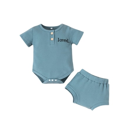 

Suanret Infant Baby Girls Clothes Set LOVED Letter Embroidery Short Sleeve Romper+Shorts Summer Outfits Blue 12-18 Months