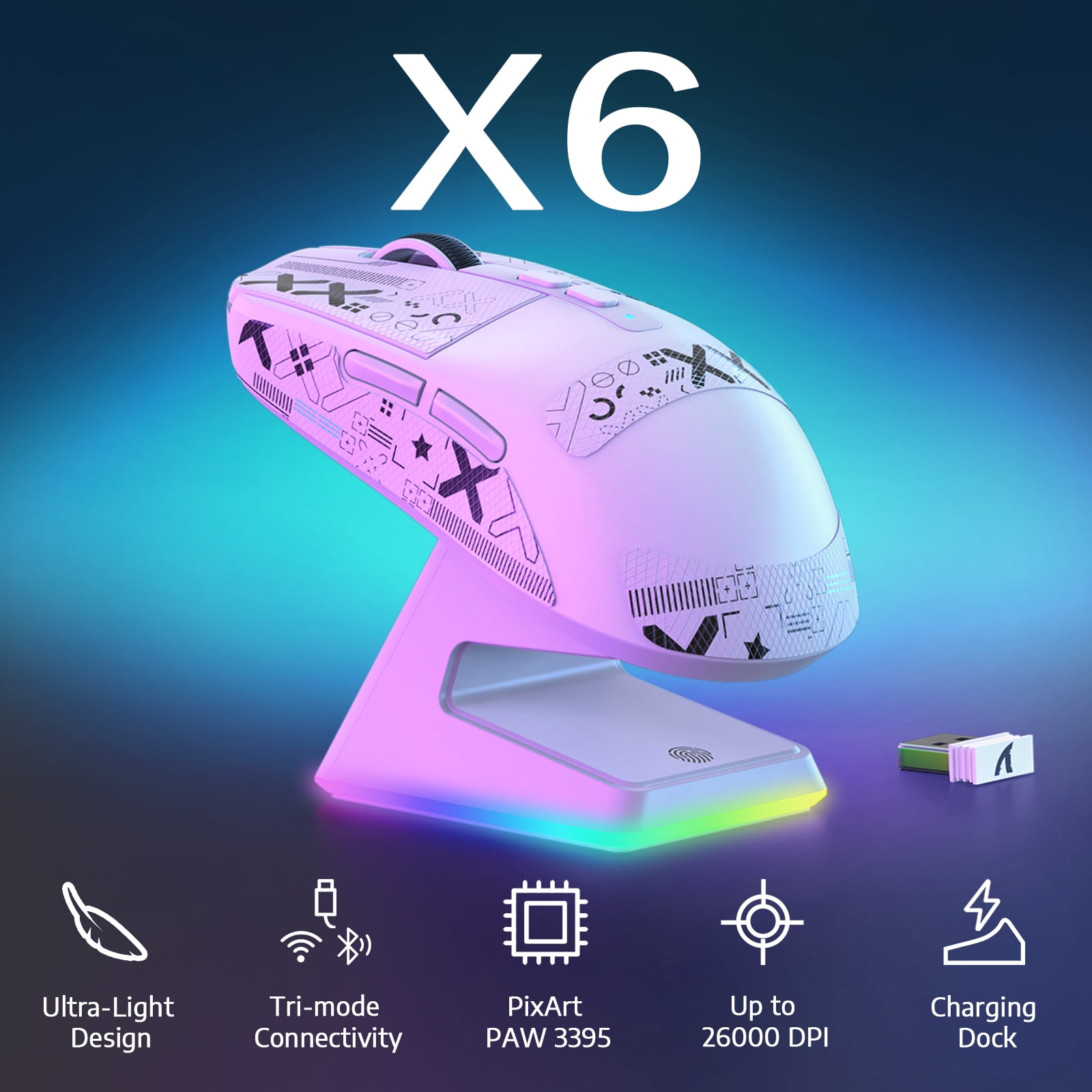 X6 Superlight Wireless Gaming Mouse with Magnetic RGB Charging Dock, 49g Ultralight Mice PixArt PAW3395 Sensor, 26000DPI, Tri-Mode 2.4G/USB-C Wired/Bluetooth Mouse, Mouse Grip Tape