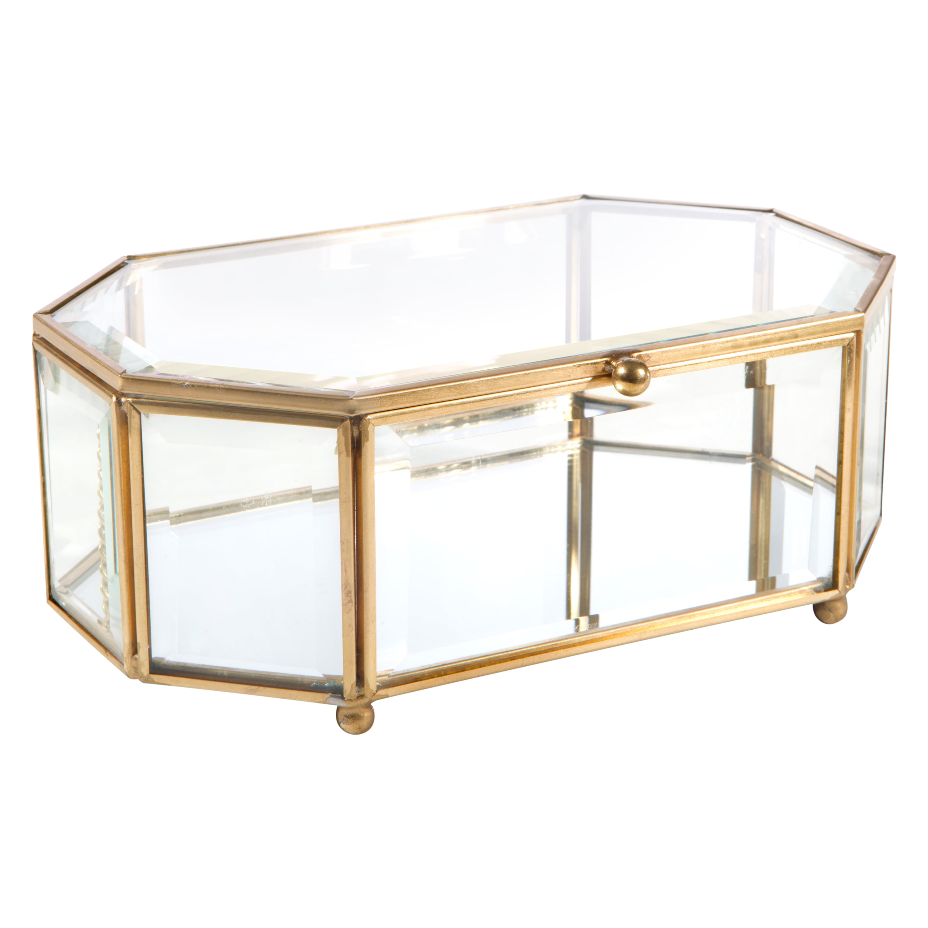 Home Details Vintage Mirrored Bottom Octagonal Glass Keepsake Box in Gold