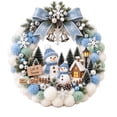 thumbnail image 2 of Snowman Pom Pom Christmas Wreath, Pastel Blue Pom Pom Christmas Wreath, Snowman & Lighted Cabin Accent, Unique Winter Front Door Decoration, 2 of 6