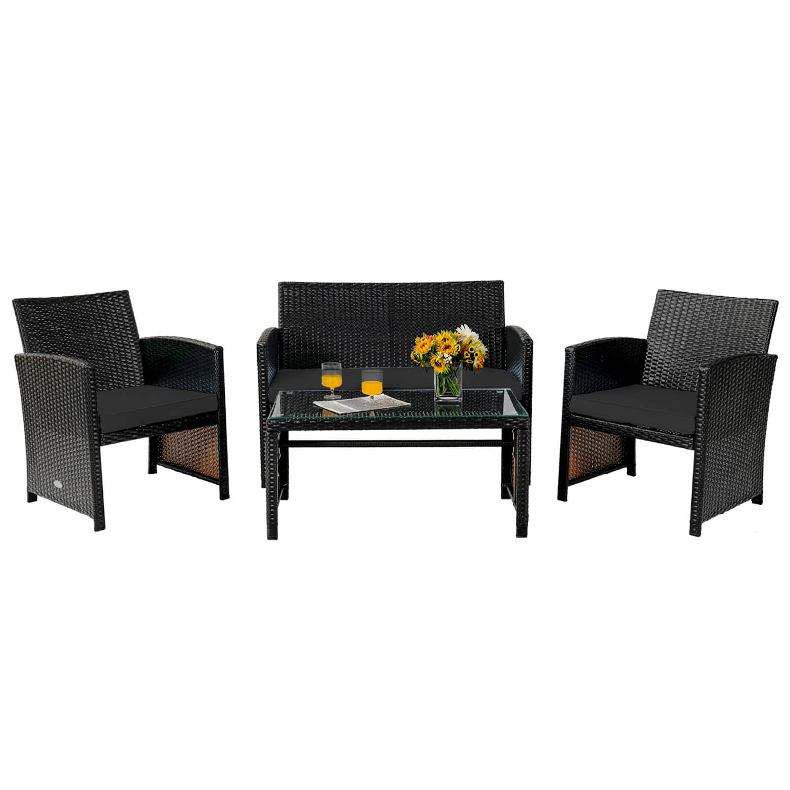 Costway 4PCS Patio Rattan Furniture Set Cushioned Chair Sofa Table Black