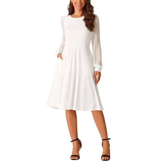 INSPIRE CHIC Vestidos de Manga Larga para Mujeres Cuello Redondo Elegante Vestido de Cóctel Fiesta Trabajo Largo hasta la Rodilla L Blanco