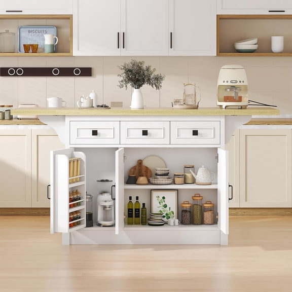 Winkalon 71.3" Large Kitchen Island with Drop Leaf, Power Outlet, Kitchen Island Cart with 3 Solid Drawers, Island Table with Trash Storage Cabinet & 3 Large Storage Rack, Spice Rack, White