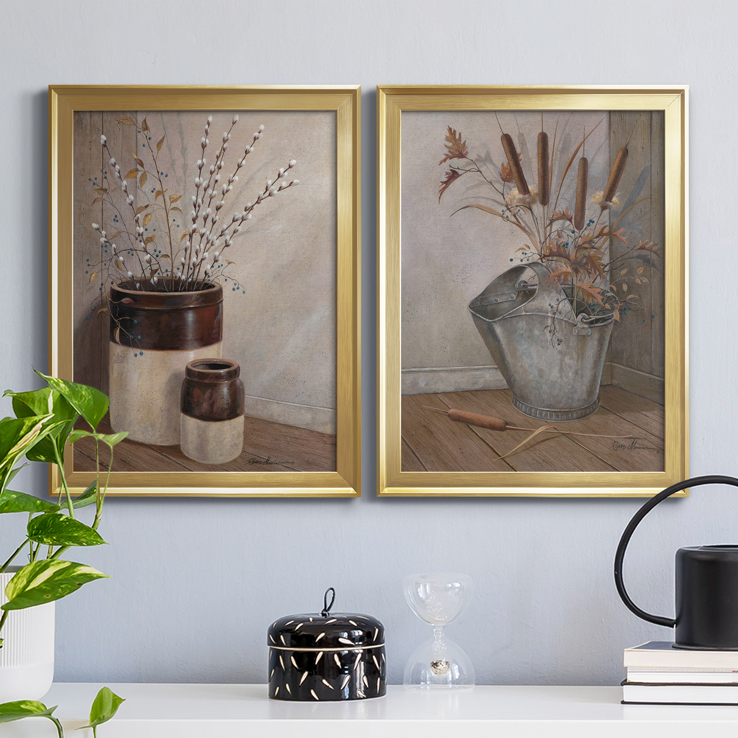 2 Piece Set Pussywillows & Spring Premium Framed Canvas - Ready to Hang - 18.5 x 24.5 Each - Gold Frame