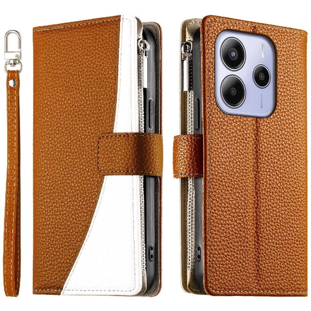 Funda cartera GANGXUN para Xiaomi Redmi Note 14 4G , cuero PU con tarjetero, cremallera, correa de mano, soporte y protección 1274°