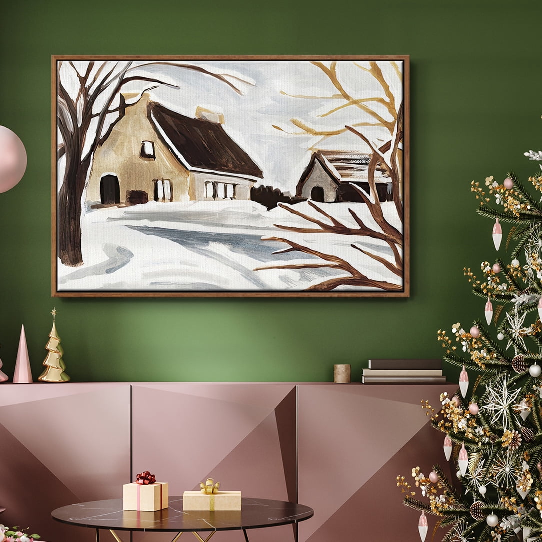 Winter Cottage II - Framed Gallery Wrapped Holiday Canvas - 25 x 37 - Rosewood Frame