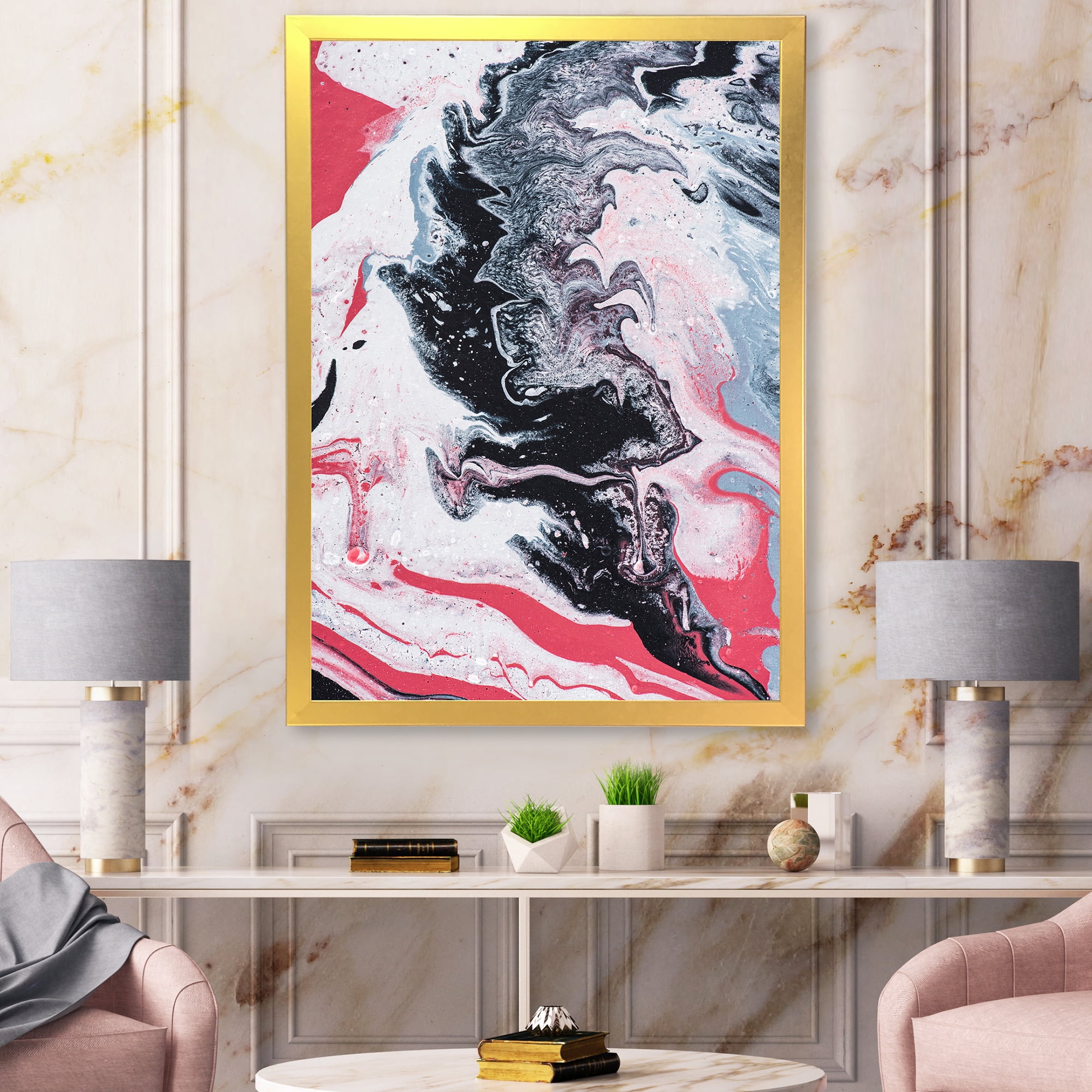 Designart 'Abstract Marble Composition In Gray and Pink I' Modern Framed Art Print