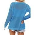 thumbnail image 5 of QAFOPEH Women Drawstring V Neck Crochet Cutout Long Sleeve Slit Hem Knitted Cover Up, 5 of 5