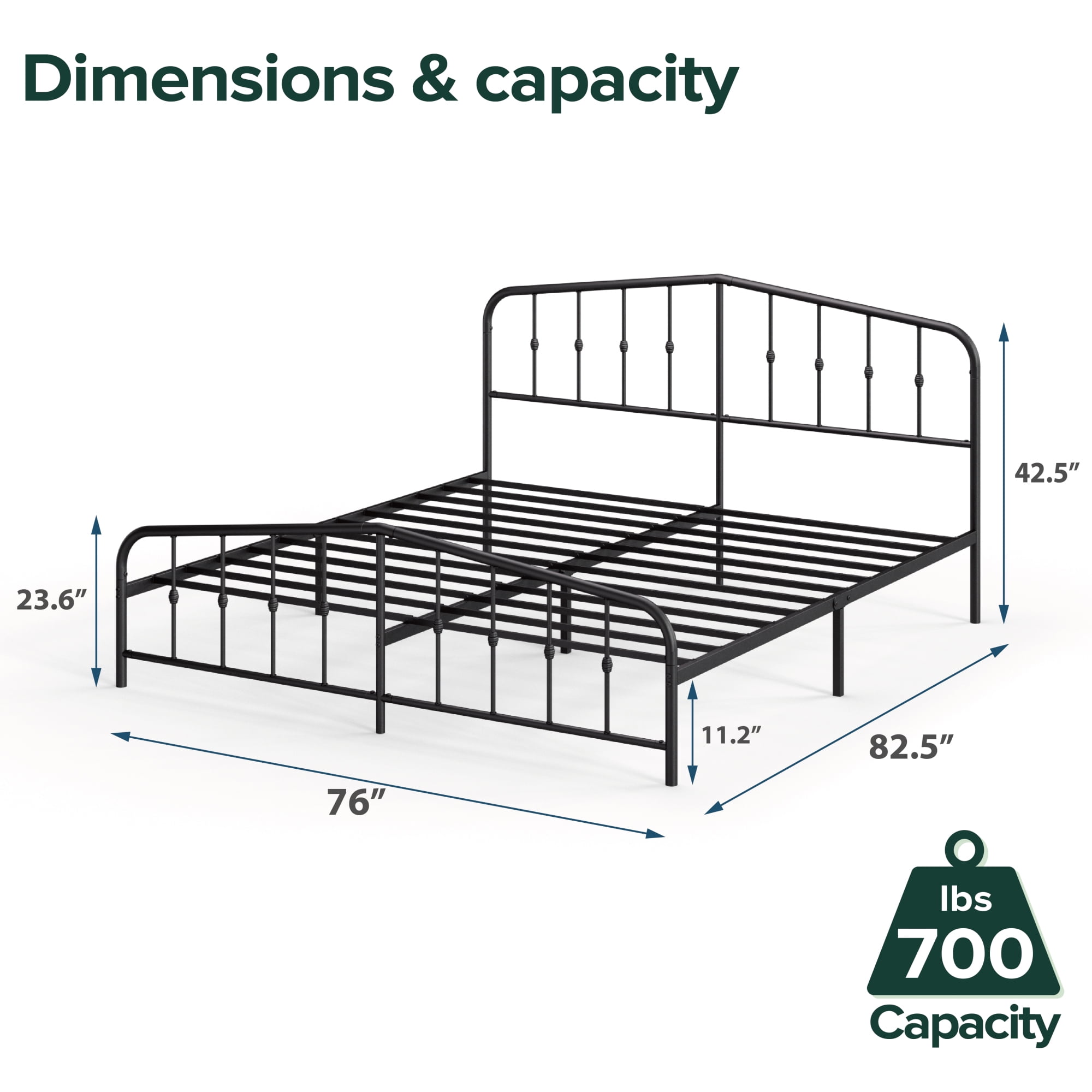 Zinus Heidi 42.5" Farmhouse Metal Platform Bed Frame, Black, King