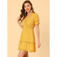 thumbnail image 4 of Mini vestido Allegra K Amarillo XS manga corta cuello V cintura elástica, 4 of 6