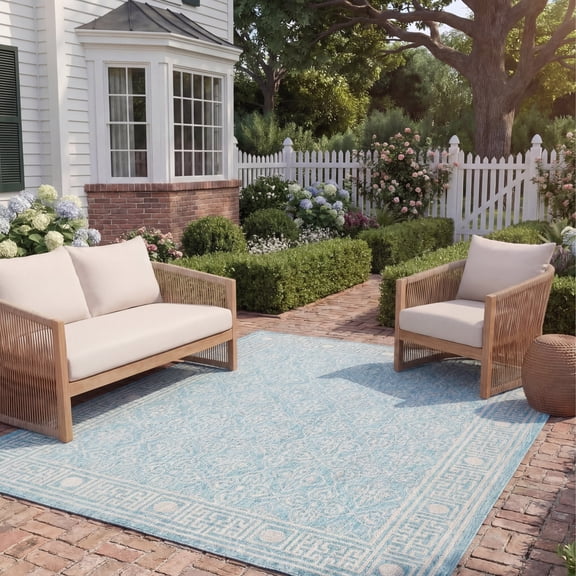 SAFAVIEH Courtyard Amber Damask Indoor/Outdoor Area Rug, Aqua/Grey, 8' x 11'