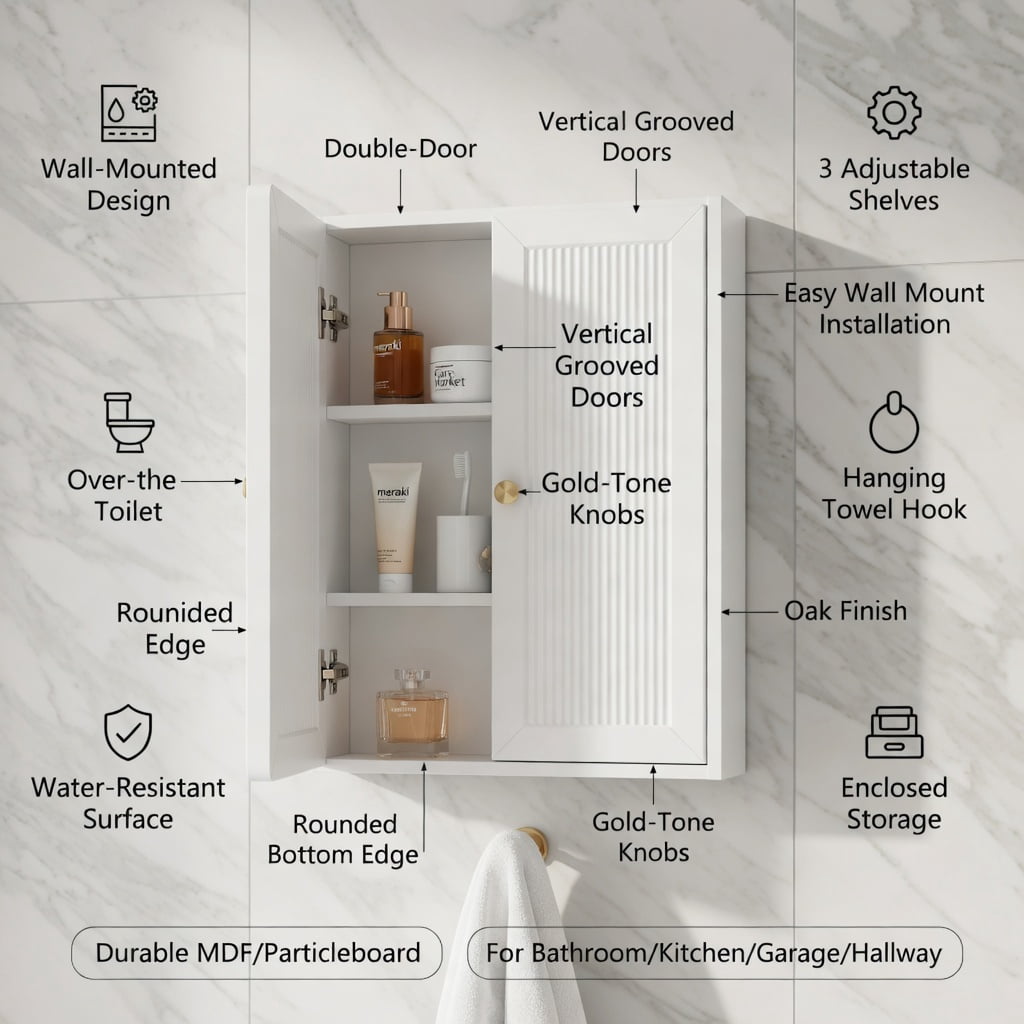 Hommoo LED Bathroom Medicine Cabinet with Anti-Fog Mirror & Warm White Lighting, Wall-Mounted Aluminum-Plastic Vanity Storage Cabinet, One Door, White