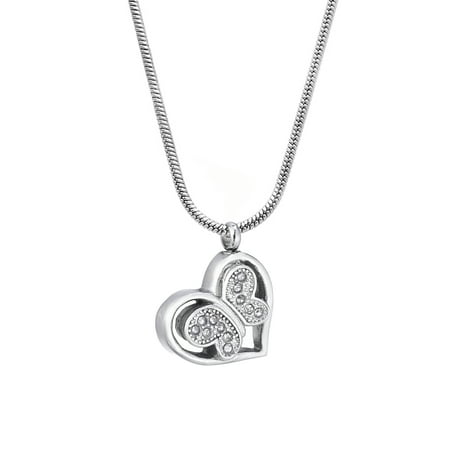 Women's Funeral Stainless Steel Crystal Rhinestone Butterfly Heart Cremation Ashes Holder Keepsake Memorial Pendant Necklace with Funnel Kit and Velvet Jewelry Kit