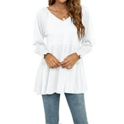 Cogild Womens V Neck Long Sleeve Shirts Casual A Line Pleated Puff Sleeves Tunic Tops Blouse