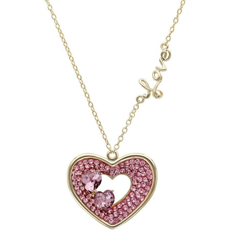Luminesse Light Rose Amethyst Swarovski Crystal 18kt Gold over Sterling Silver Open Heart with Love on the Side Necklace, 18
