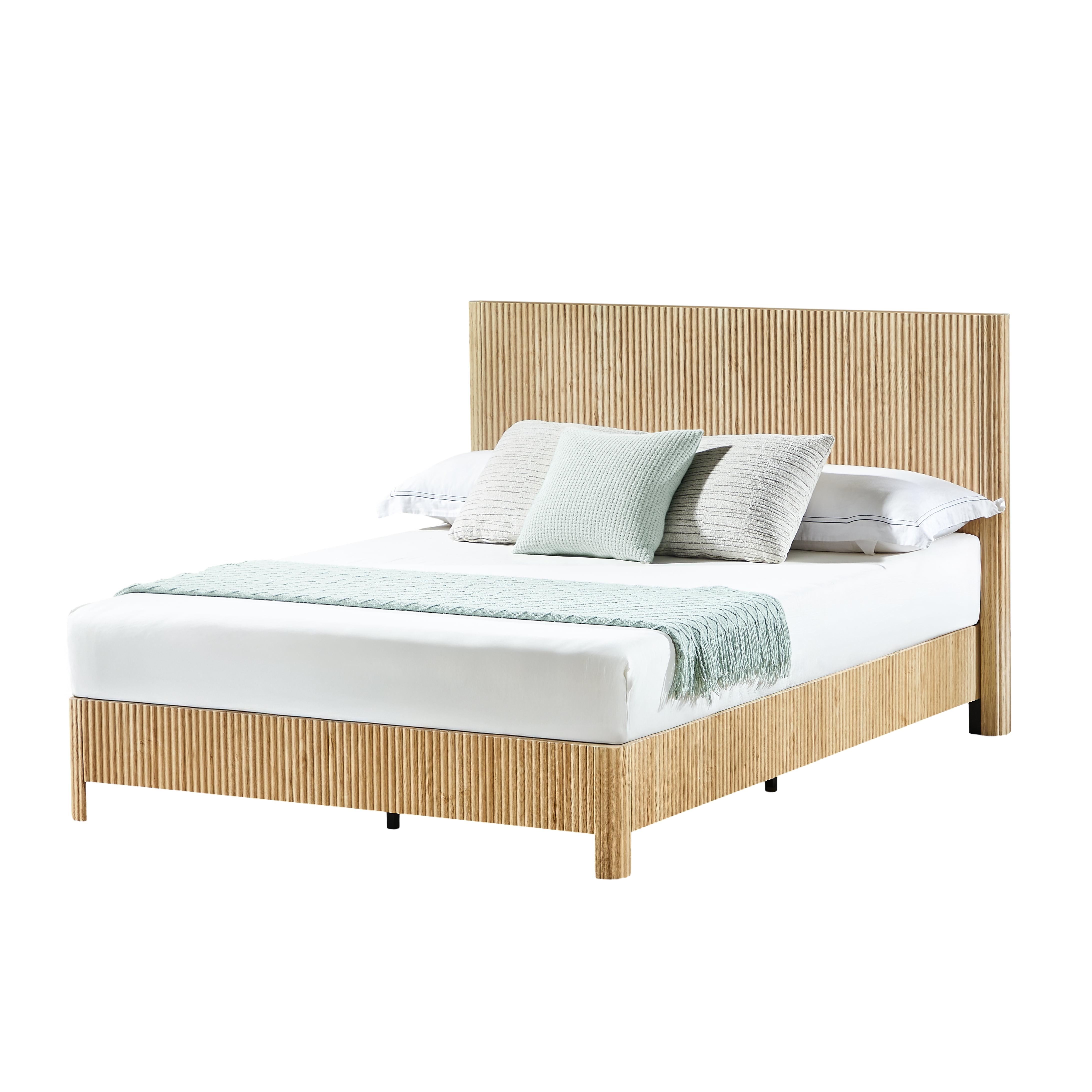 Platform Bed Frame, Wood Design Bed, Queen Size Metal and MDF Bed Frame with 13 Slats and Rounded Corners, No Box Spring Needed, Modern Bedroom Furniture, Oak