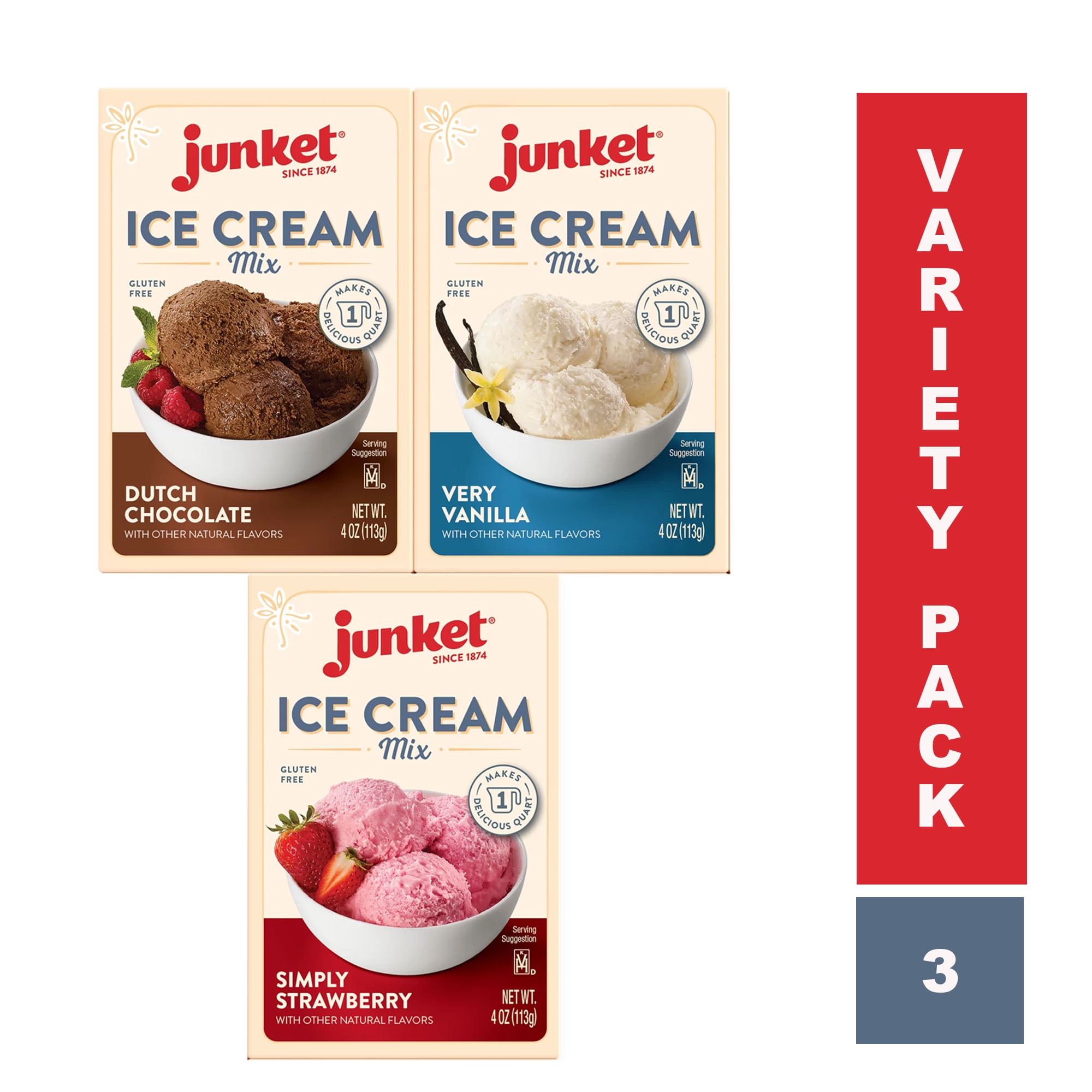 Junket Ice Cream Powder Mix Bundle includes Vanilla, Chocolate, and Strawberry mixes, for a