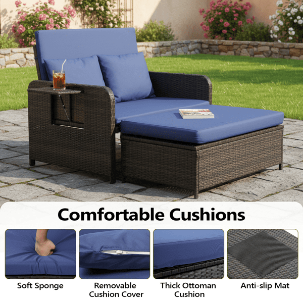 Patio Rattan Daybed Set, 2-in-1 Wicker Loveseat Sofa with Multipurpose Ottoman & Retractable Side Tray, 5-Level Adjustable Backrest, Footstool with Storage, Seat & Back Cushion Included, Brown