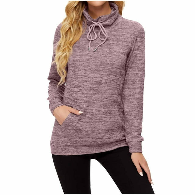 aidice Long Sleeve Shirts for Women Casual Drawstring Turtleneck Comfy Workout Running Pullover Tops with Pockets