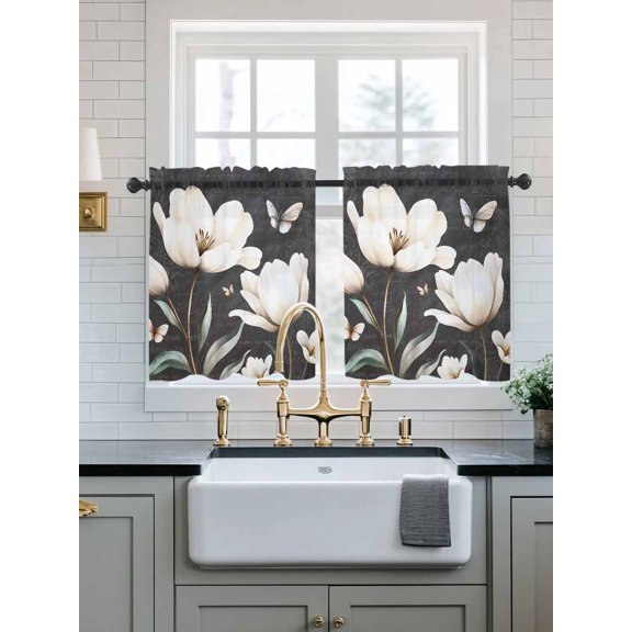 Farmhouse Floral Sheer Kitchen Tier Curtains 24 Inch length,Rod Pocket Half Curtains Short Drapes,Magnolia Flowers Vintage Blackboard Light Filtering Small Window Treatments 2 Pcs 27.5"W x 24"L