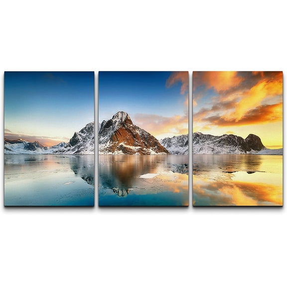 wall26 Canvas Print Wall Art Set Sunset Snowy Mountain Range Lake Nature Wilderness Photography Realism Decorative Landscape Colorful for Living Room, Bedroom, Office - 16"x24" x 3