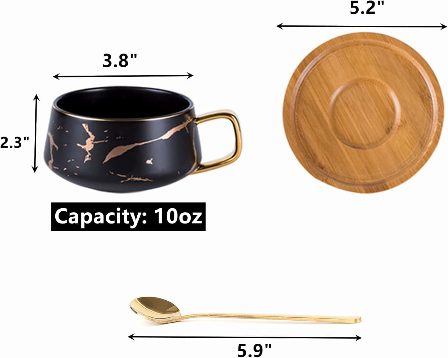 2 Pack Ceramic Tea Coffee Cup, 10 OZ Coffee Mug with 304 Stainless Steel Spoon and Bamboo Saucer, Marble Espresso Cups for Latte, Cappuccino, Americano, White and Black