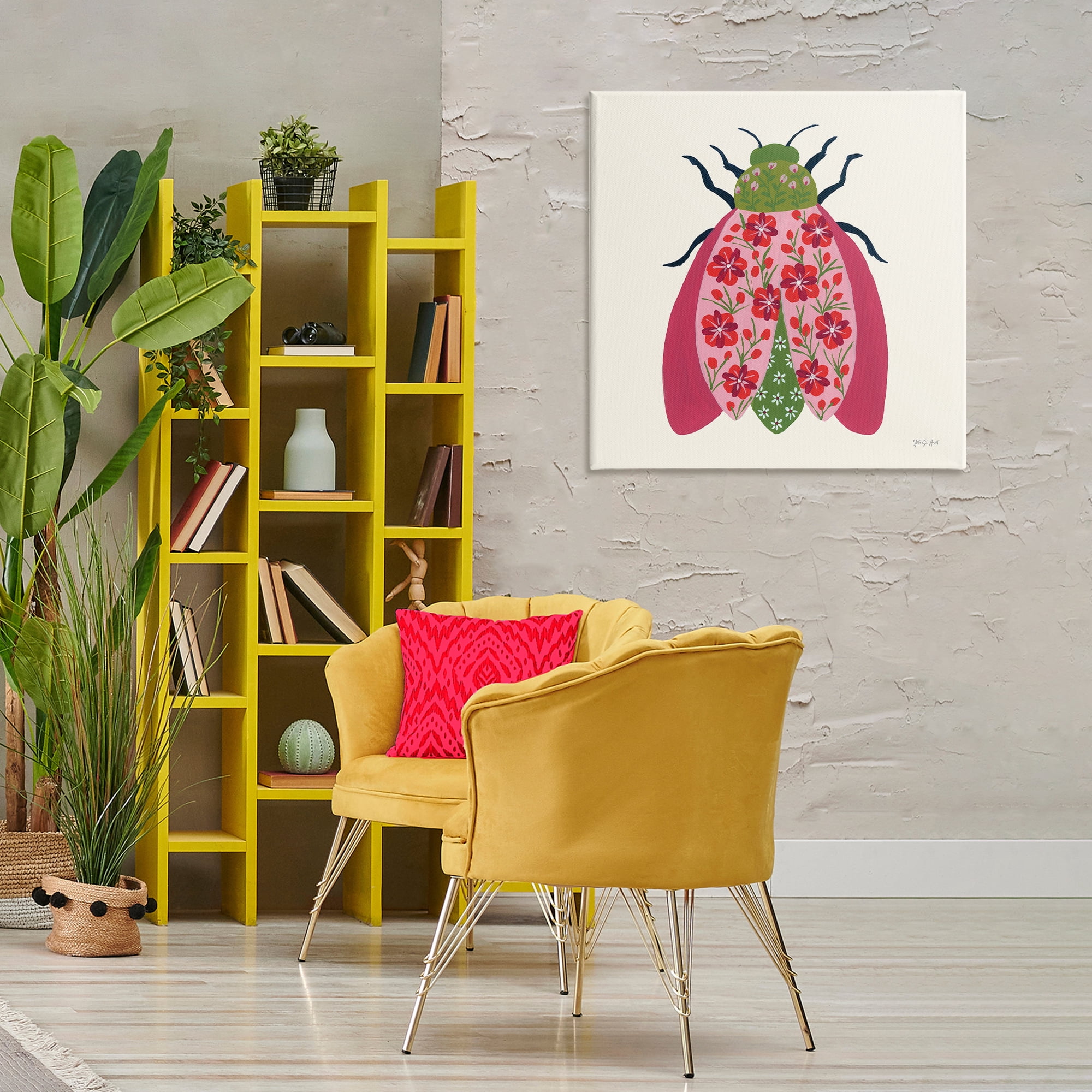 Stupell Industries Pink & Green Blooming Beetle Insects Painting Wrapped Canvas Art Print Wall Art, 30 x 30