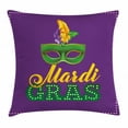 thumbnail image 1 of Mardi Gras Throw Pillow Cushion Cover, Green Mask with Colorful Feathers on Purple Backdrop Styled Calligraphy, Decorative Square Accent Pillow Case, 24 X 24 Inches, Purple Green Yellow, by Ambesonne, 1 of 2