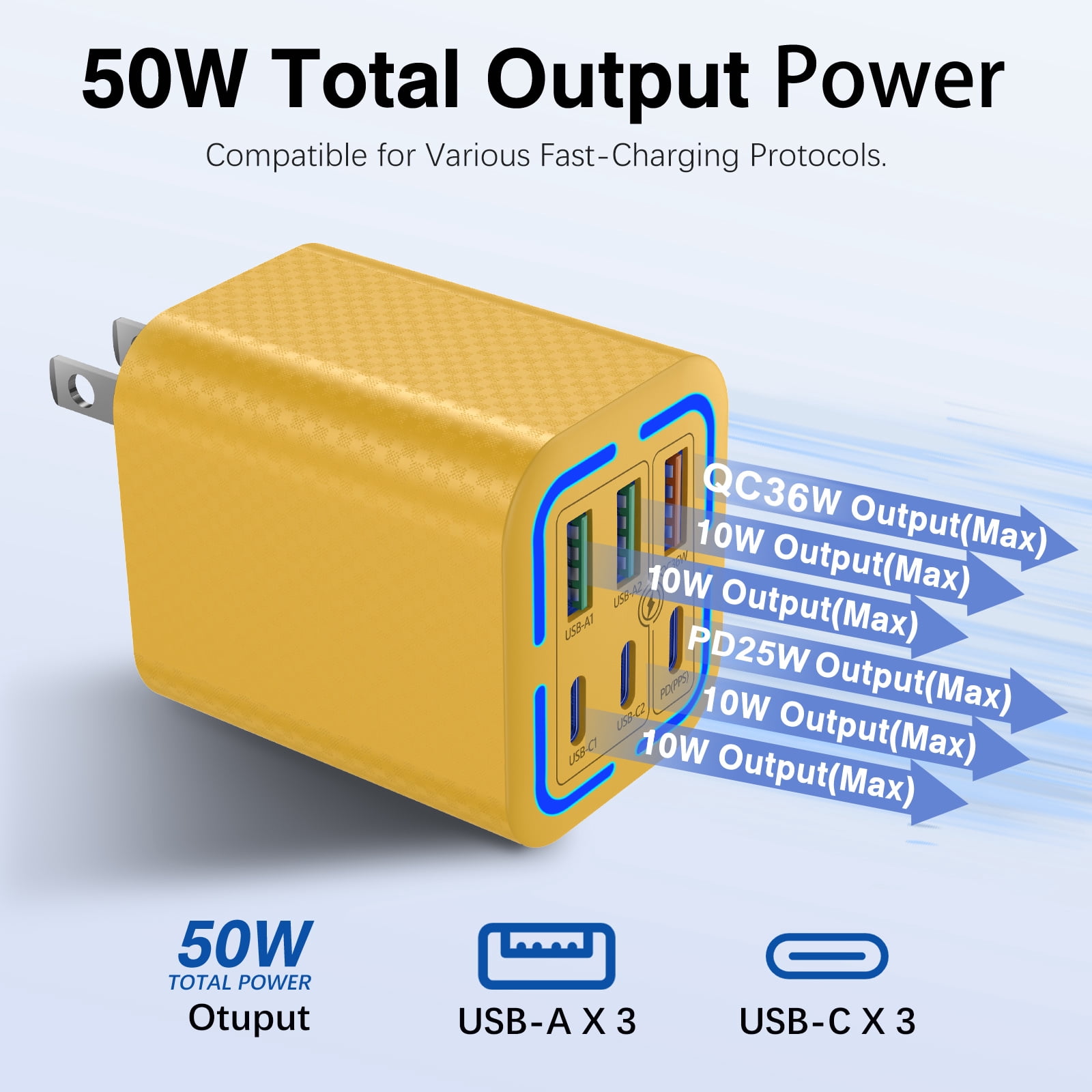 FOBIANJIE-50W USB-C and USB-A wall charger, Type-C charger, six-port cube design power adapter, multi-port plug, white/black/yellow – compatible with iPhone, iPad, AirPods, Samsung Galaxy, Note, Pixe