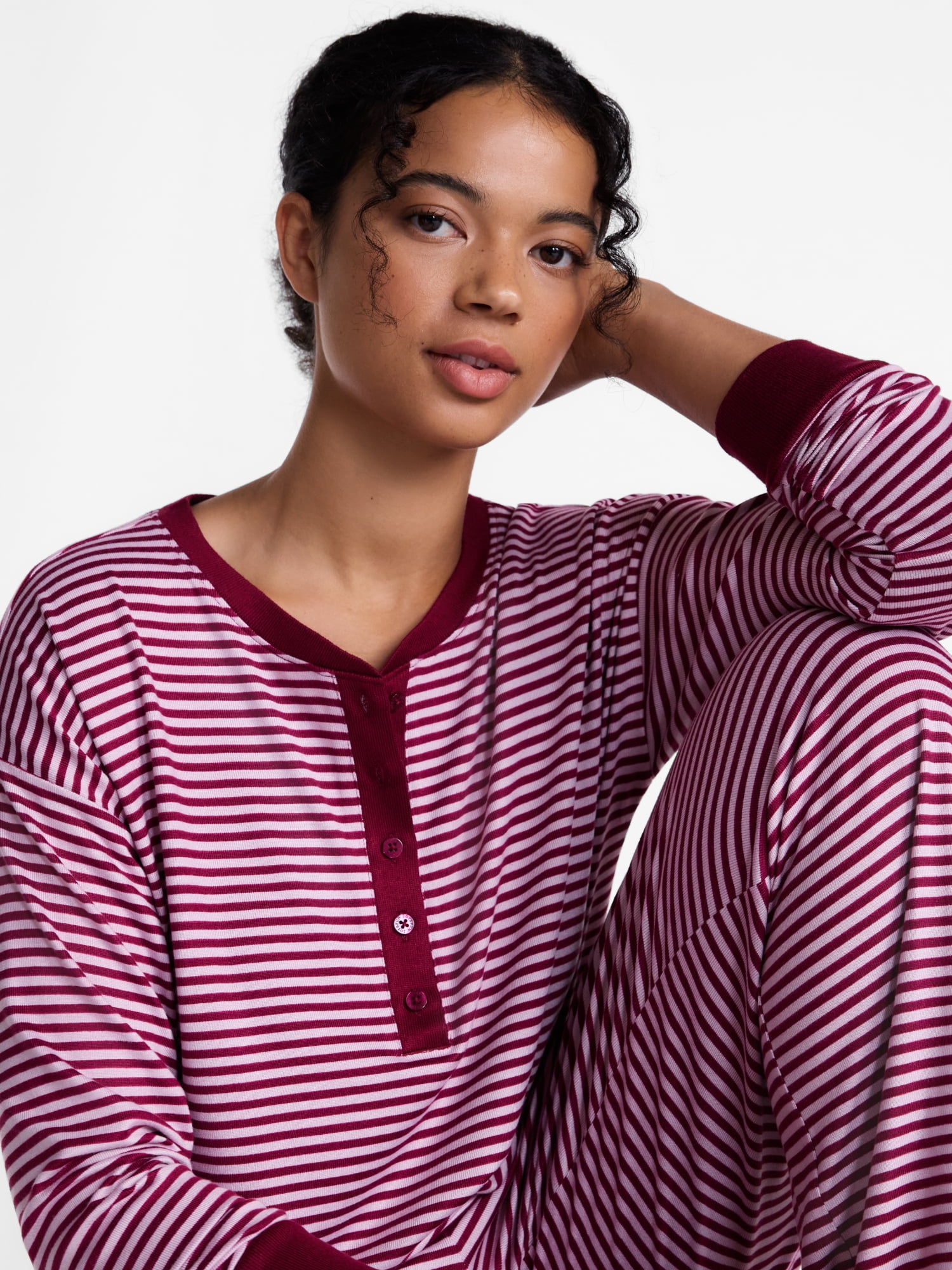 Joyspun Women's Cozy Lounge Collection Hacci Long Sleeve Henley Sleep Top, Sizes XS to 3X
