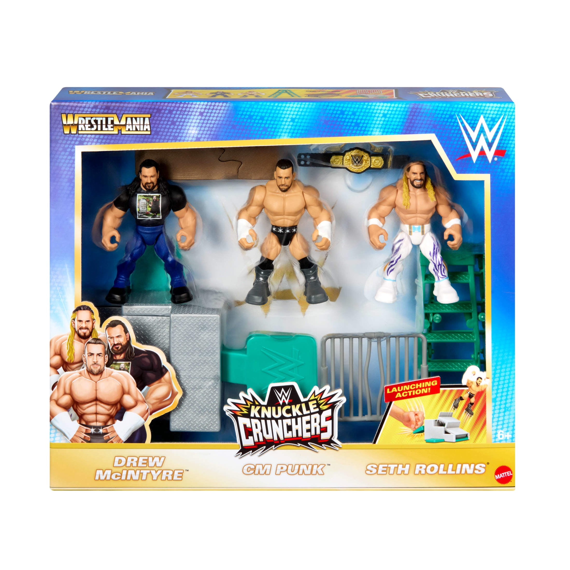 WWE Knuckle Crunchers WrestleMania Set with 3 Action Figures, Launcher & 4 Accessories