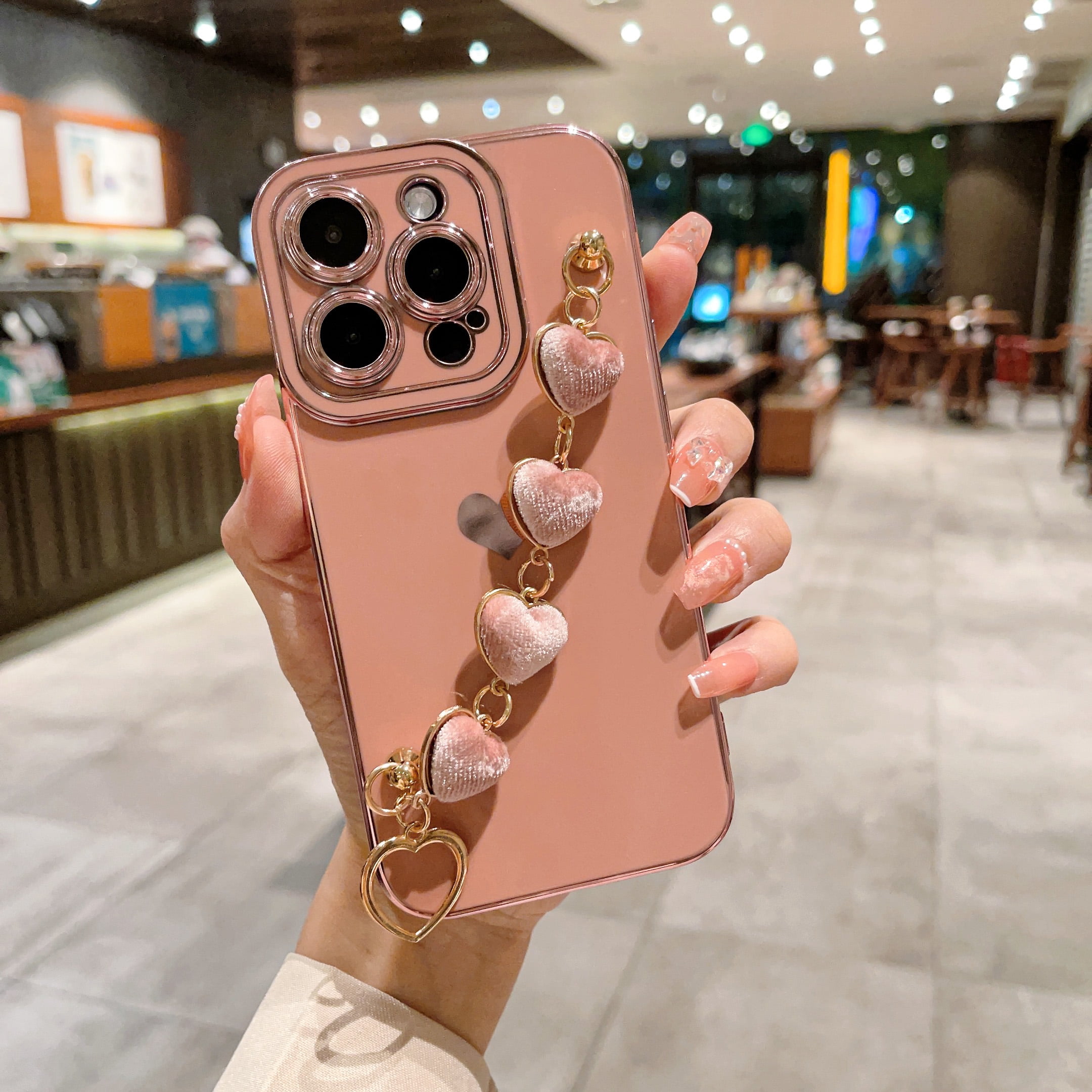 for iPhone 15 with Wrist Strap,Cute Love Heart Full Camera Lens