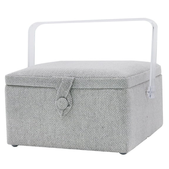 Loops & Threads Sewing Basket – Fabric-Covered Storage Box with Handle - Tray & Magnetic Closure - Gray - 8.75" x 8.75" x 4.75" - 1 Pack
