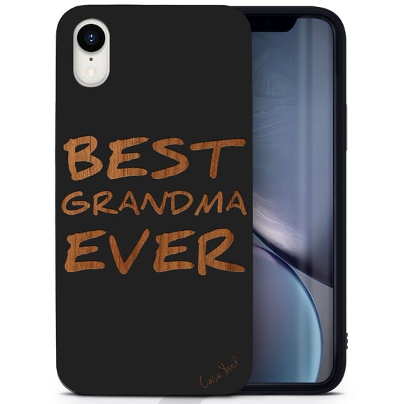 Wood phone case for iPhone XR compatible protective cell phone cover shockproof slim fit laser engraved Best Grandma Ever design Black wood case for Men & Women by CaseYard