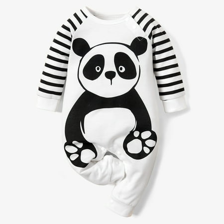 

PatPat Panda Print Long Sleeve White Baby Jumpsuit Newborn Girl Boy Snap Closure Bodysuit Romper Coverall Onsies 0-12Month