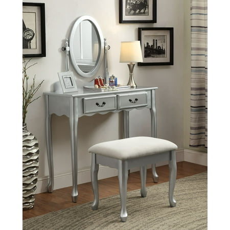1perfectchoice Adriana Bedroom Vanity Makeup Table Oval Mirror 1perfectchoice Adriana Bedroom Vanity Makeup Table Oval Mirror Drawers Padded Bench Silver Wood