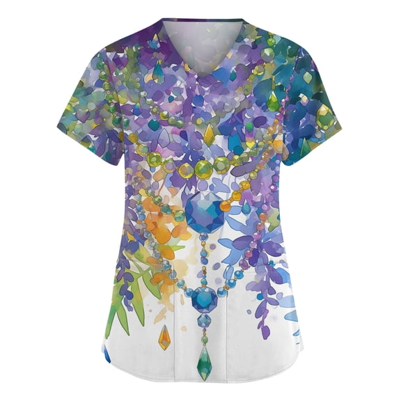 Womens Mardi Gras Scrubs Sequins Sparkly Short Sleeve Nurse Uniform Feathers Print V Neck Gold Scrubs with Pockets Purple 5XL