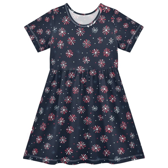 FORMRS Girls Short Sleeve Dress Summer Casual Round Neck A-line Beach Sundress, Sizes 2T-8T, Red Fireworks Pattern