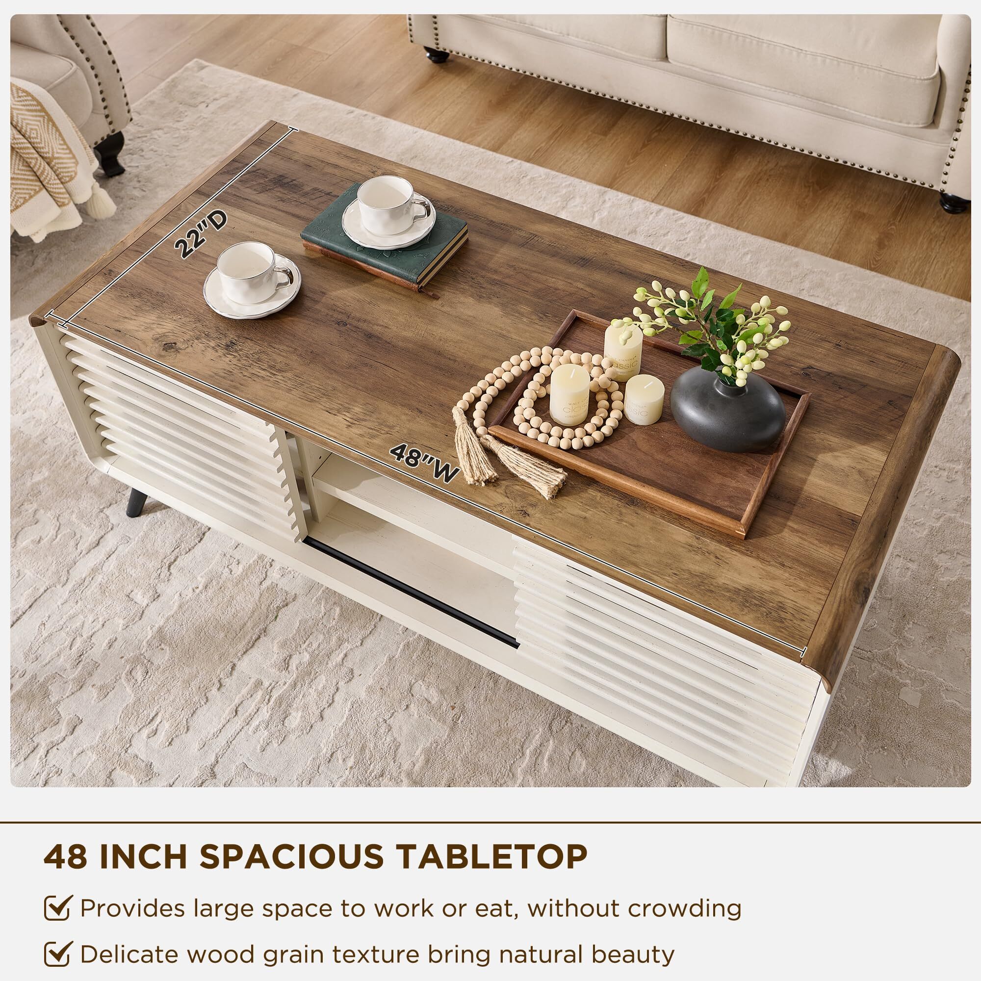 OKD 48" Mid-Century Lift Top Coffee Table with Sliding Barn Door, Exquisite Apartment Style Center Table with Hidden Storage Compartment for Living Room, Office, Antique White