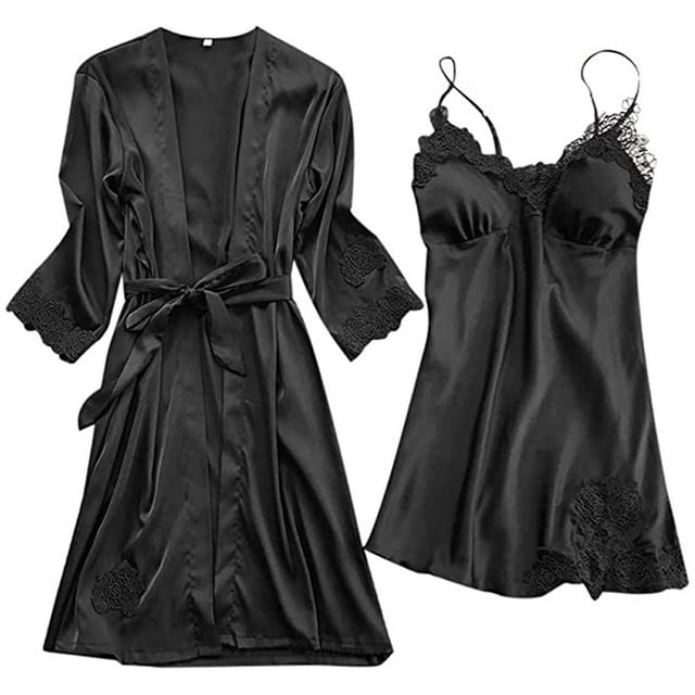 Women's Satin Robe Set 2 Piece Sexy Pajamas Sets Lace Cami Nightgown ...
