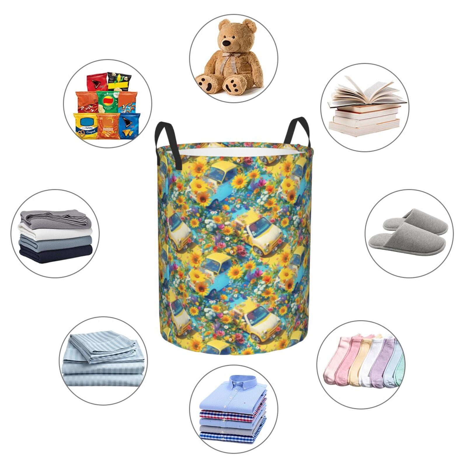 Large Laundry Basket with Handles - yellow car colorful sunflower Kids Baby Dirty Clothes Laundry Hamper for Bedroom Aesthetic