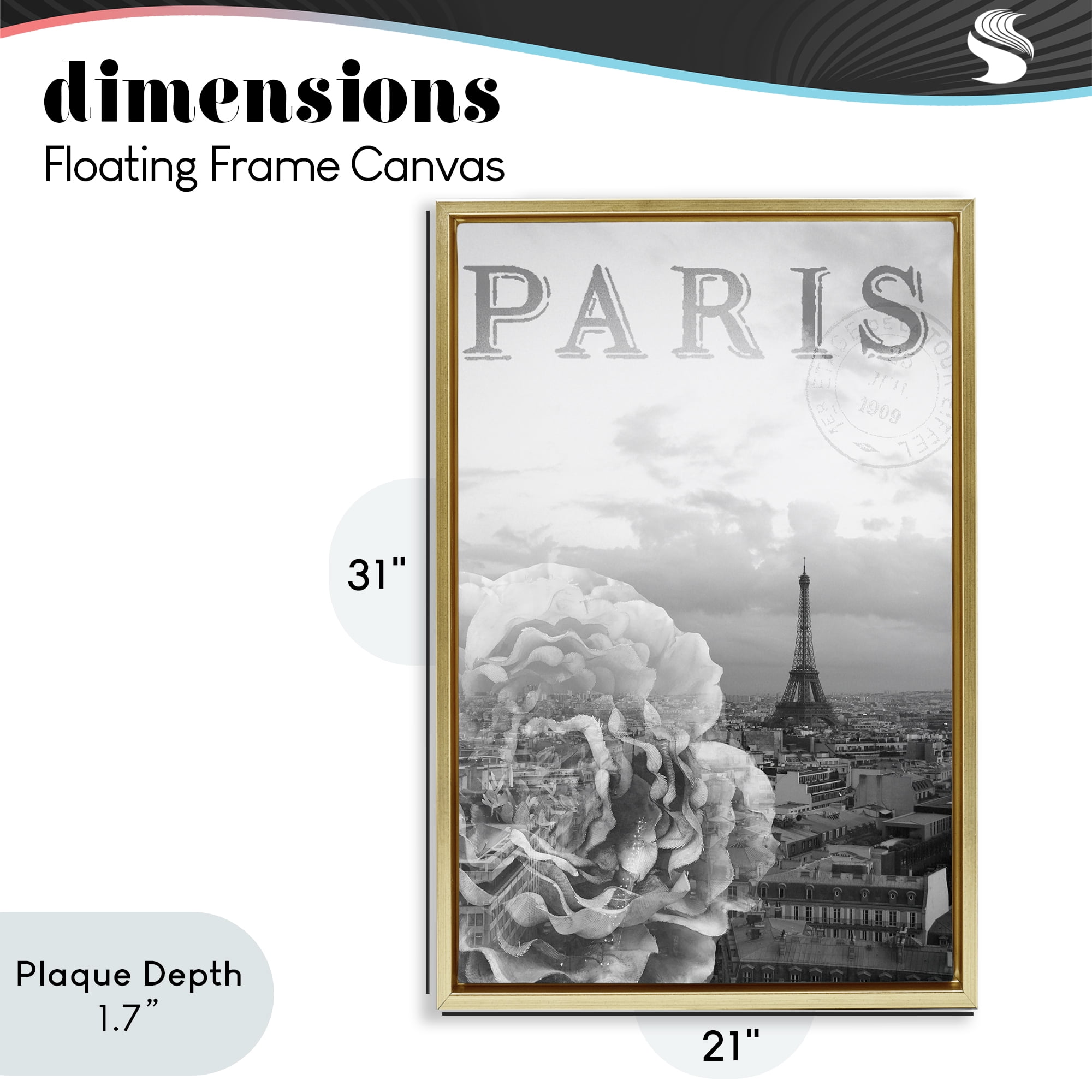 Stupell Industries Paris Postcard in Monochrome Gold Framed Floater Canvas Wall Art, design by Emily Navas